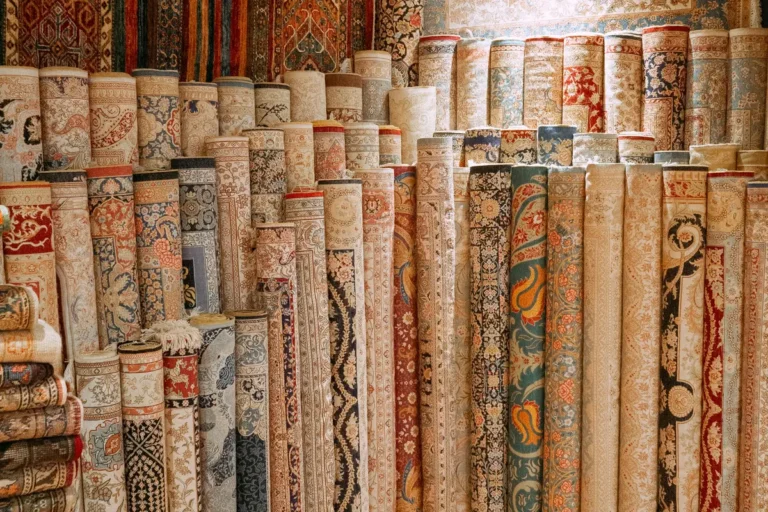 Rolled oriental rugs displayed in a rug store.